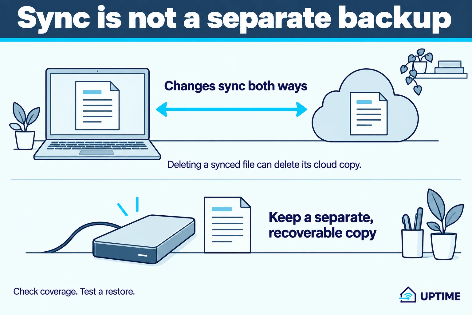 A laptop and cloud synchronize changes in both directions, including deletions. A separate external-drive copy below is outside that synchronization path.