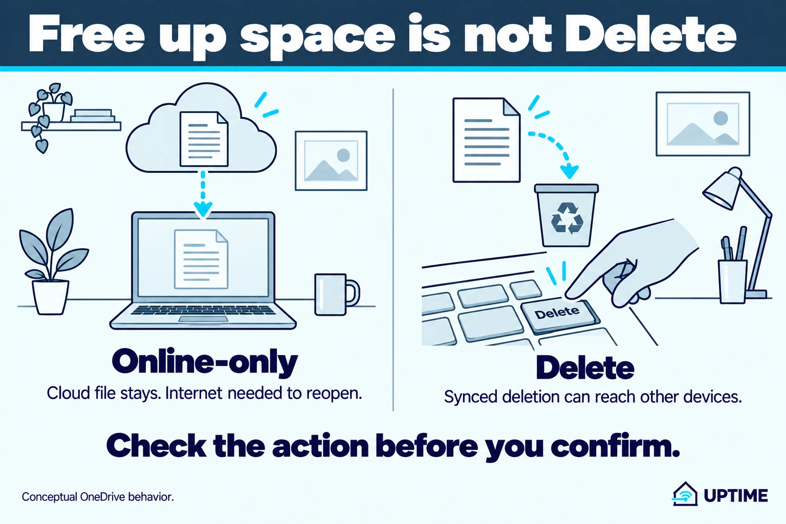 OneDrive's online-only option keeps the cloud file available for later download. Delete is a different action whose effects can synchronize to other devices.